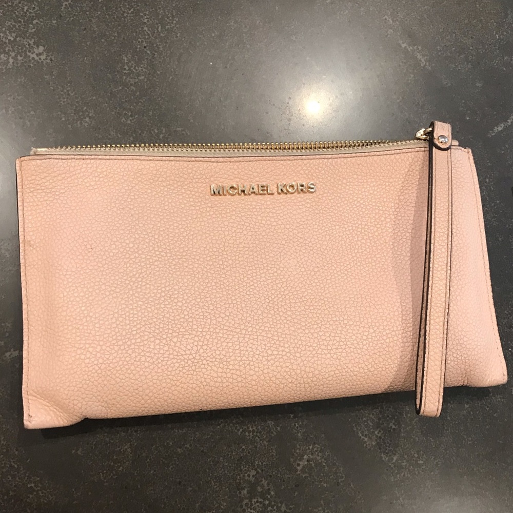 Michael Kors Pink/Beige Large Wristlet Clutch with Gold Zipper